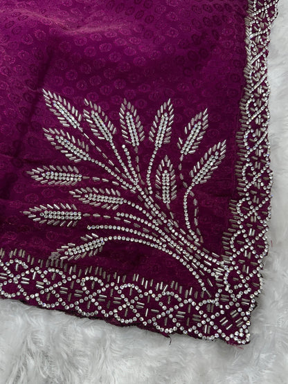 Two tone Fandy satin with self jacquard and siroski handwork