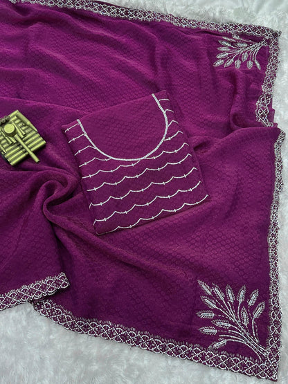 Two tone Fandy satin with self jacquard and siroski handwork