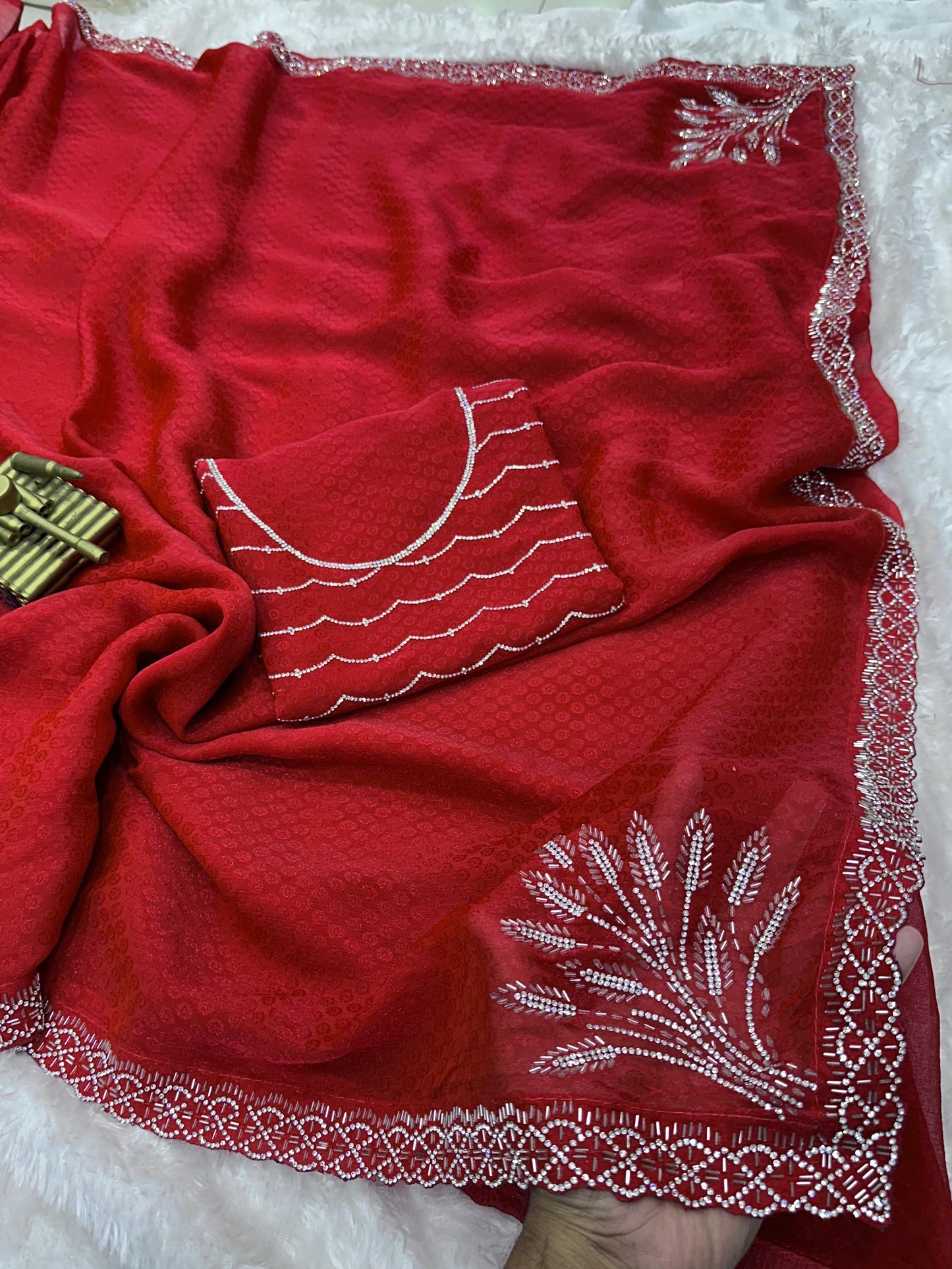 Two tone Fandy satin with self jacquard and siroski handwork
