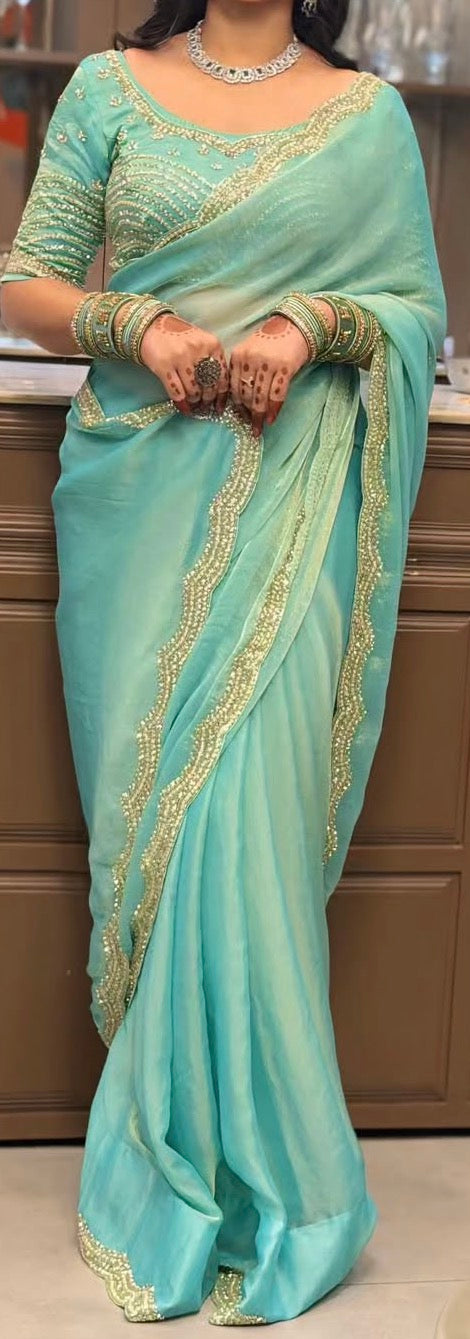 Fendi saree with diamond stone Lehriya border design Saree