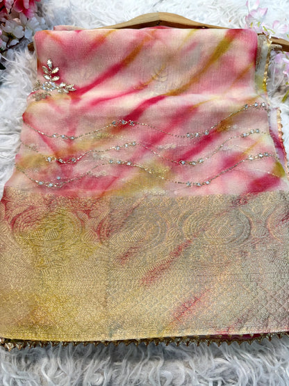 Organza saree with diamond stone handwork