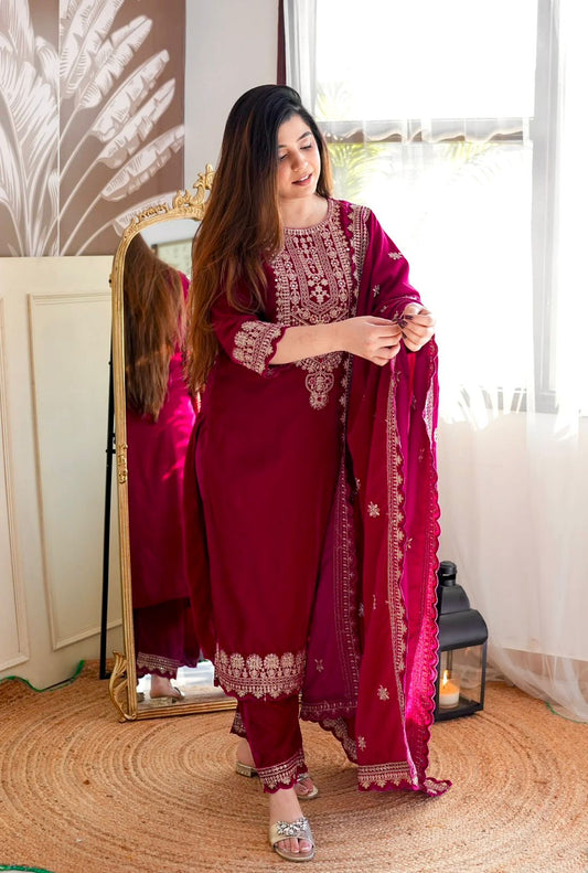 Velvet Top -Pant  Dupatta Set Fully Stitched Ready To Wear