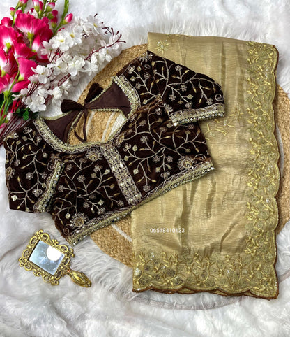 Gold crush saree with heavy embroidery sequence with velvet stitched blouse