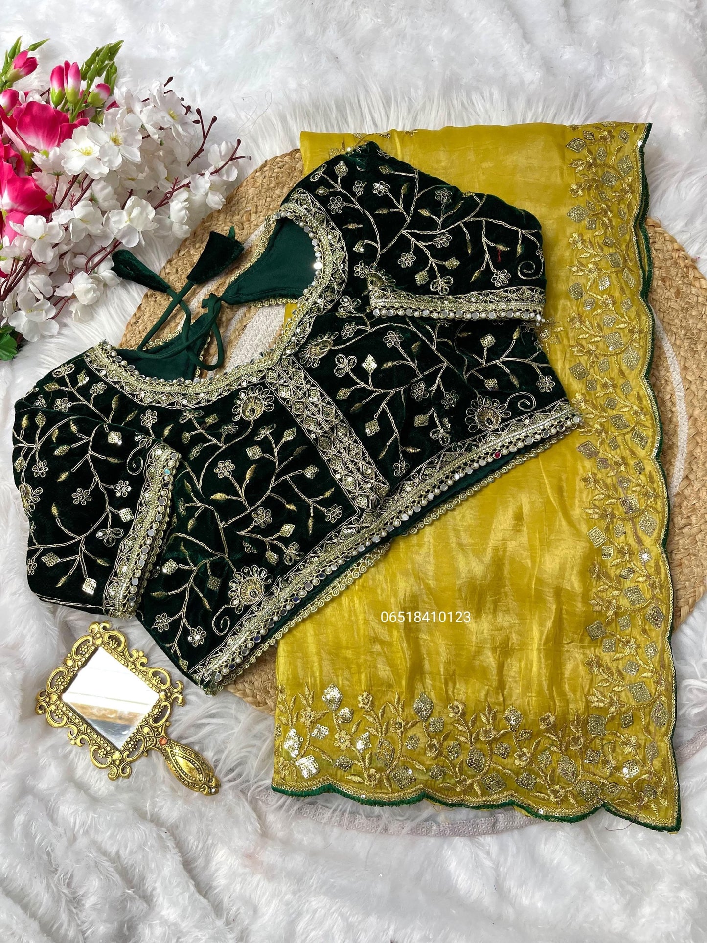 Gold crush saree with heavy embroidery sequence with velvet stitched blouse