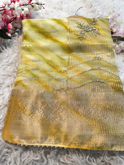 Organza saree with diamond stone handwork