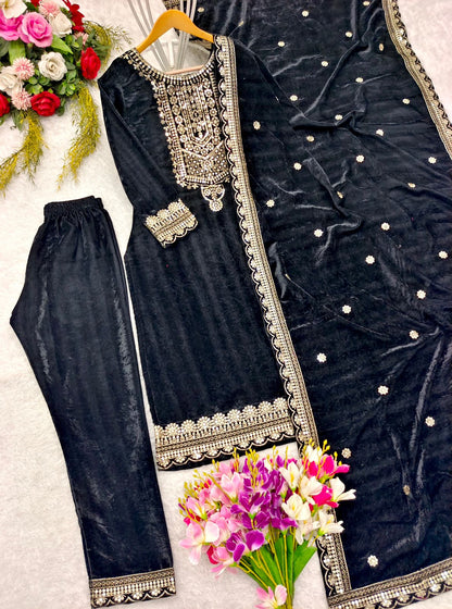 Velvet Top -Pant  Dupatta Set Fully Stitched Ready To Wear