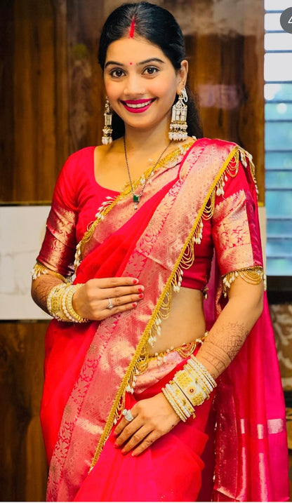 Trending Soft Banarasi saree with beautiful jhalar lace