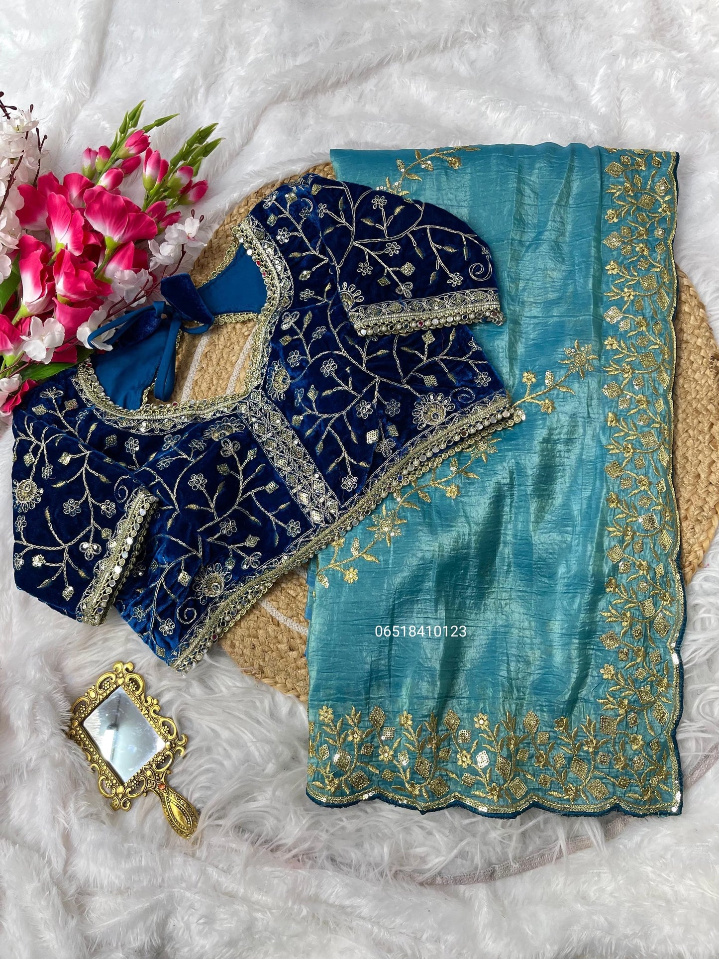 Gold crush saree with heavy embroidery sequence with velvet stitched blouse