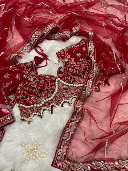 Red Net Embellished With Beautiful Embroidery saree