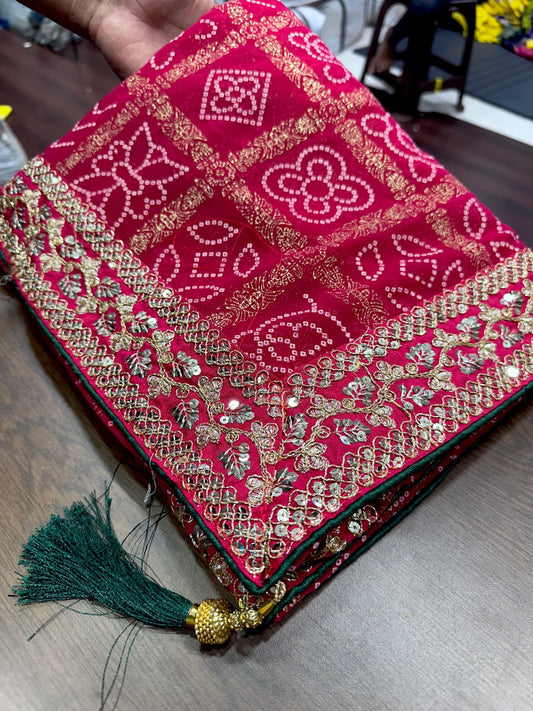 Georgette bandhej with Sequence  Lace border saree