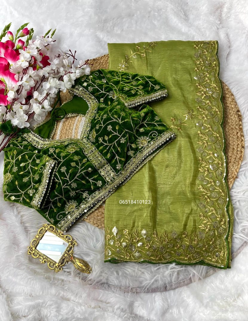 Gold crush saree with heavy embroidery sequence with velvet stitched blouse