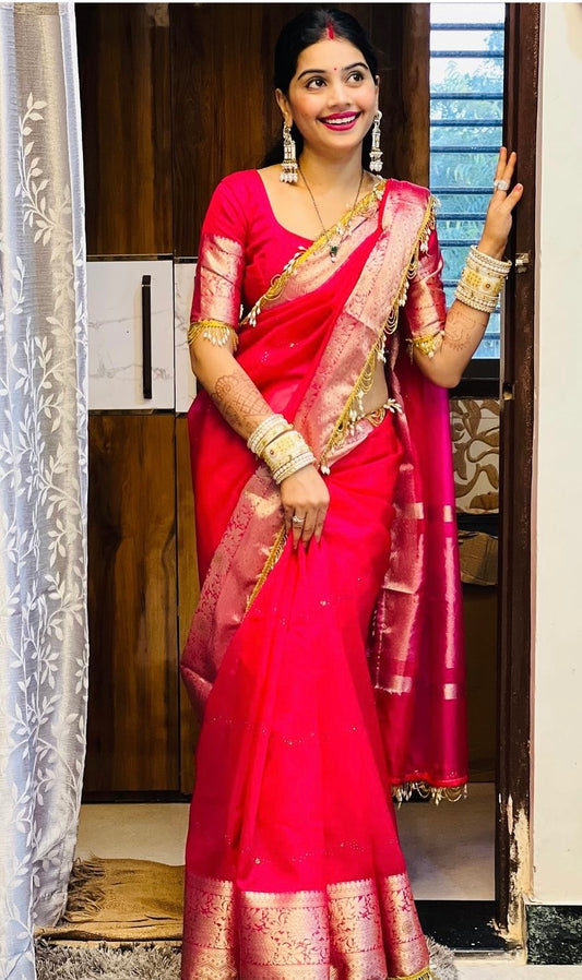 Trending Soft Banarasi saree with beautiful jhalar lace