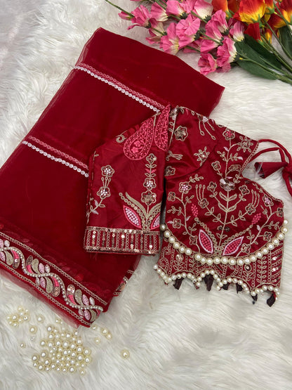 Red Net Embellished With Beautiful Embroidery saree