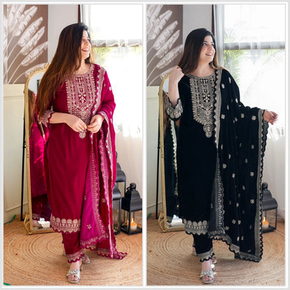 Velvet Top -Pant  Dupatta Set Fully Stitched Ready To Wear