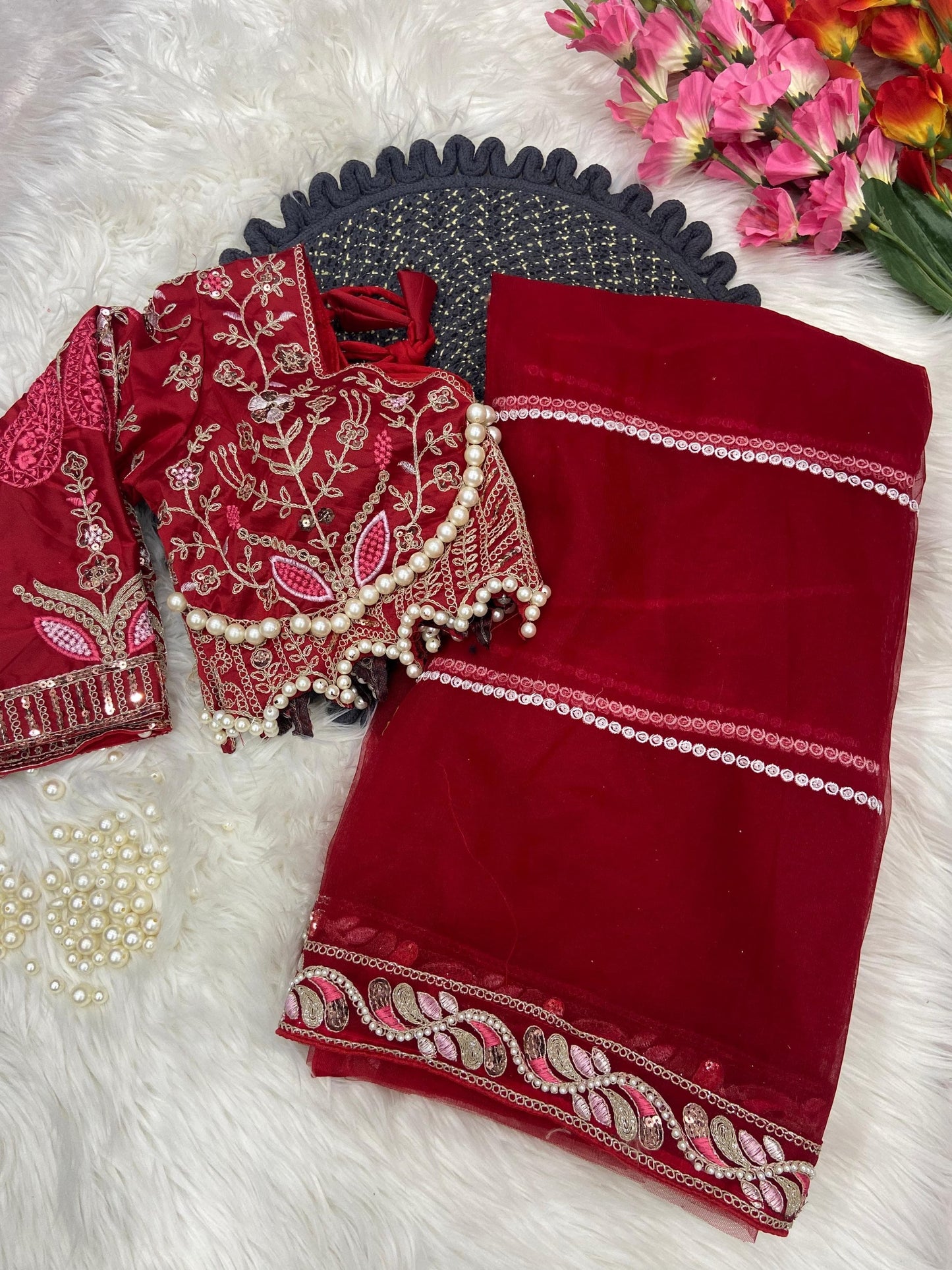 Red Net Embellished With Beautiful Embroidery saree