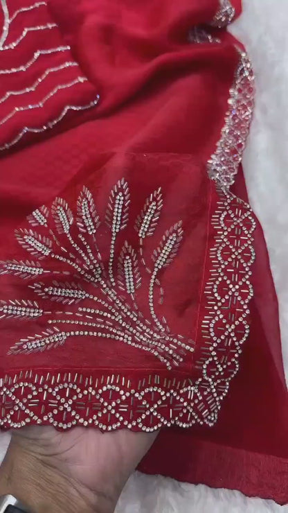 Two tone Fandy satin with self jacquard and siroski handwork