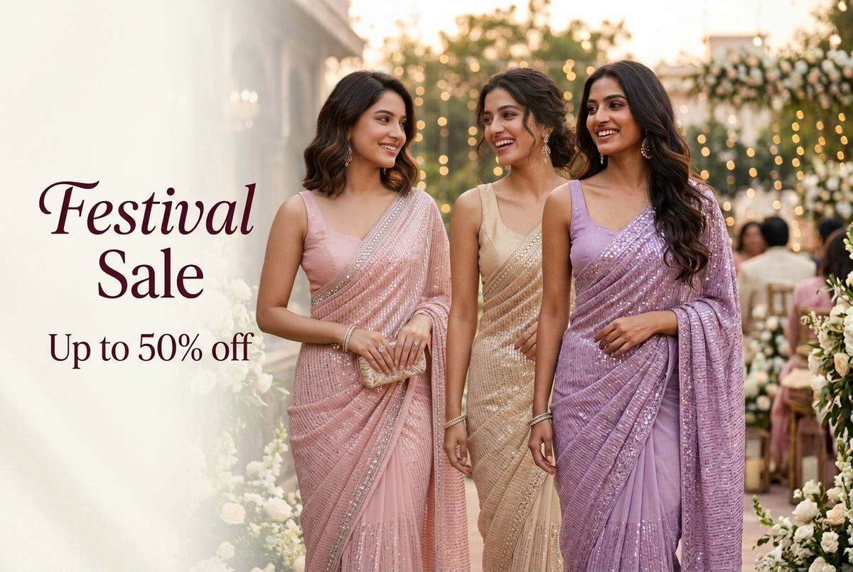 Wedding saree banner with Festival Sale and Up to 50% off text